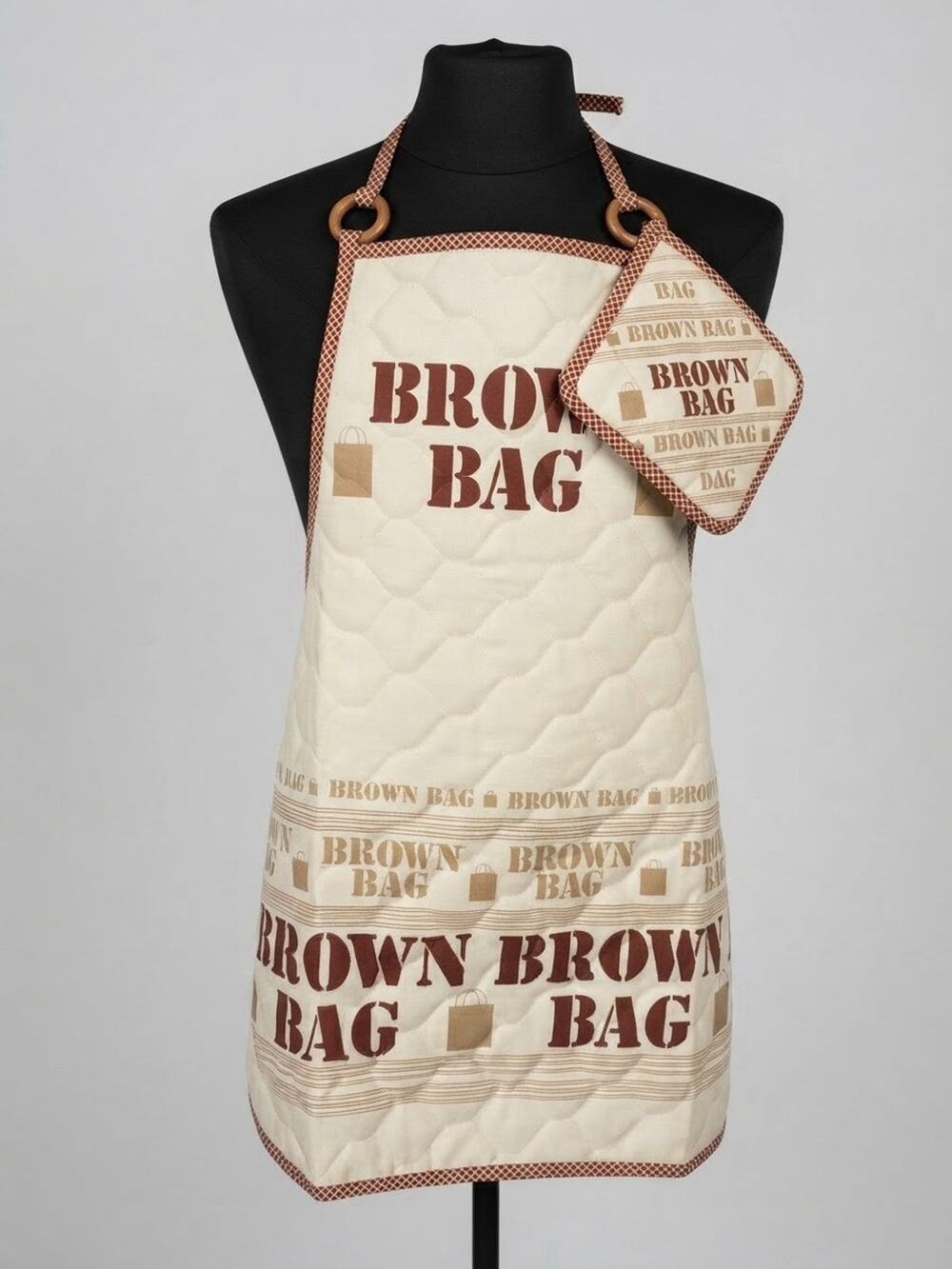 Vintage Quilted Brown Bag Apron Potholder Set Wooden Rings Retro Kitchen Baking
